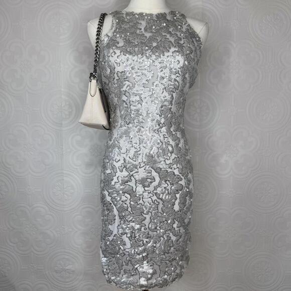 Caché  Mini Dress Womens 0 Silver Sequin open back - Picture 1 of 7